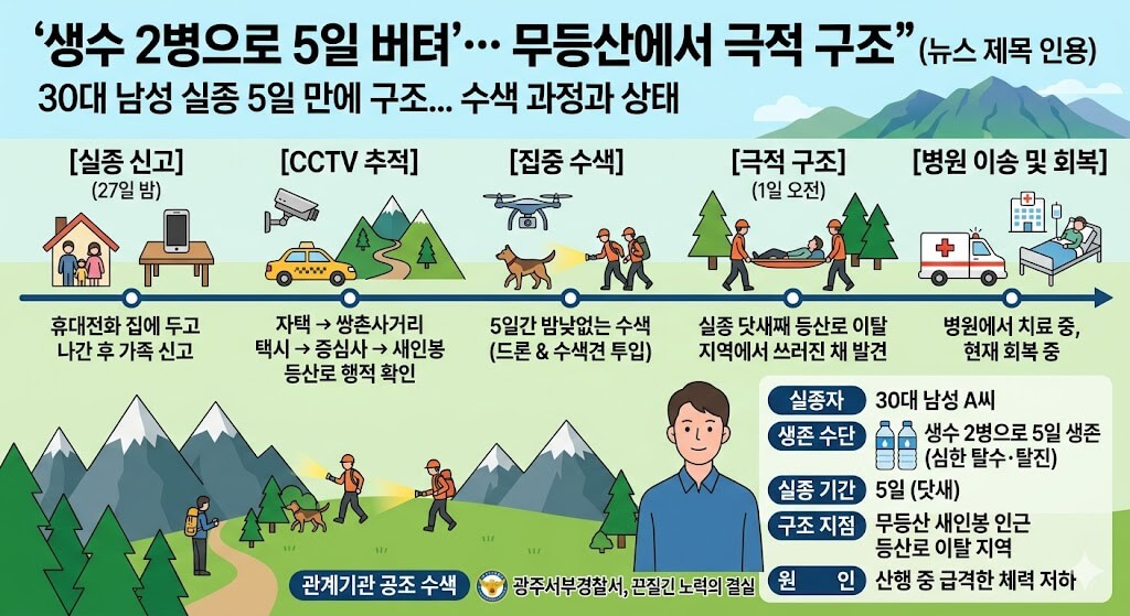 무등산 조난 사고, 닷새 만에 살아 돌아온 30대 사연 생수
